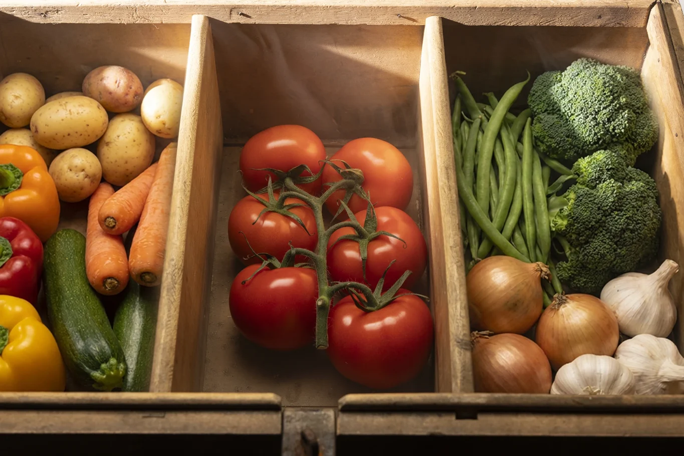 Bunte Gemüseauswahl in Holzkisten: Tomaten, Brokkoli, Bohnen, Zwiebeln, Knoblauch und mehr.
