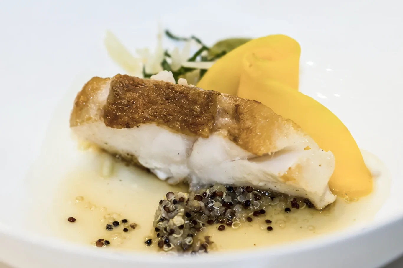 Gegrilltes Fischfilet mit Mango-Püree und Gewürzen auf einem weißen Teller.